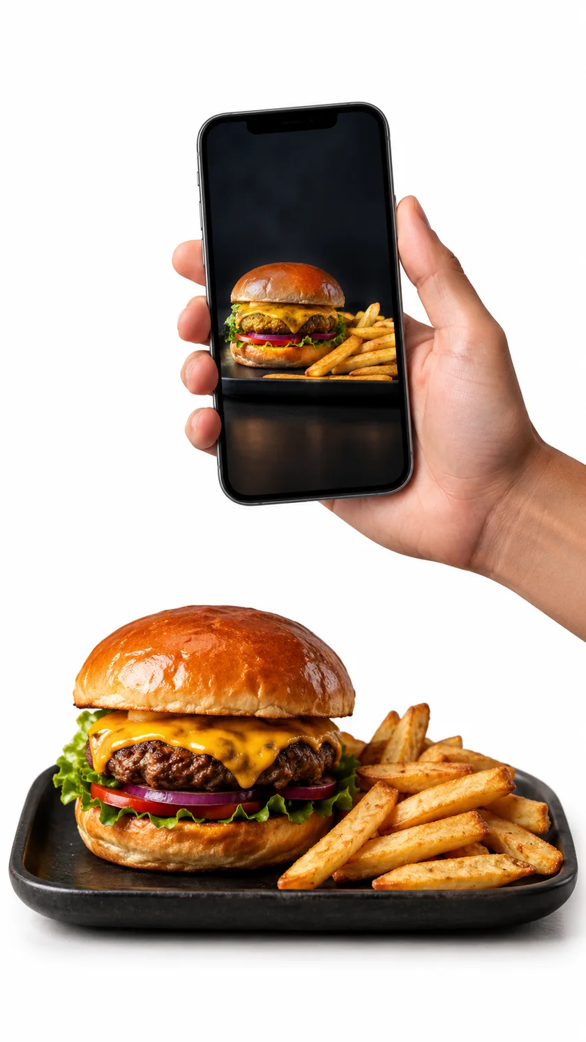 Hambúrguer real ao lado de um celular com a fotografia do mesmo produto