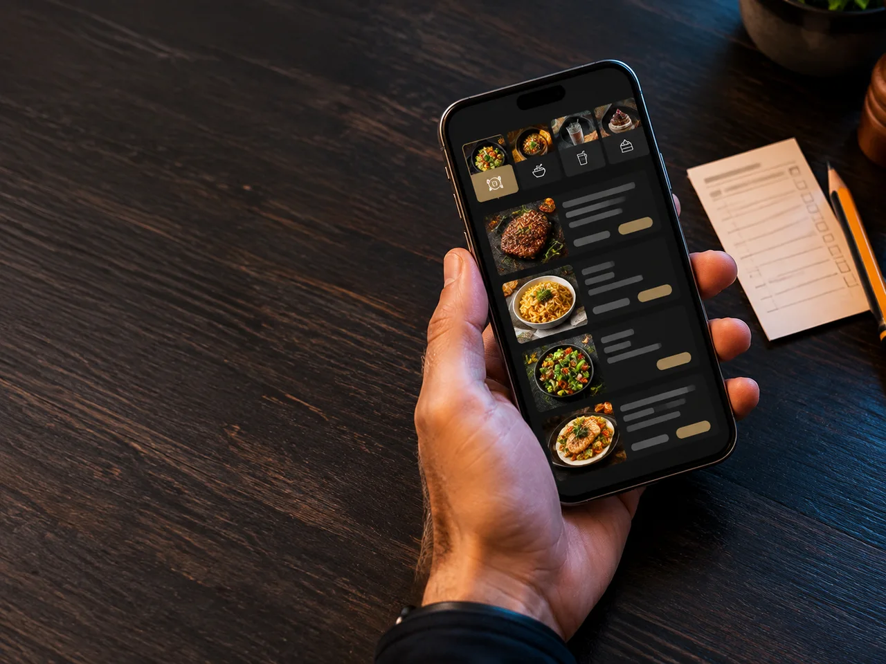 Celular mostrando uma apresentação profissional de produtos de restaurante